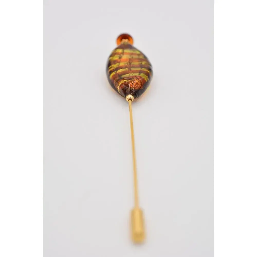 Vintage Murano Glass Stick Pin Gold Tone Artisan Blown Yellow Brown Amber BinAT